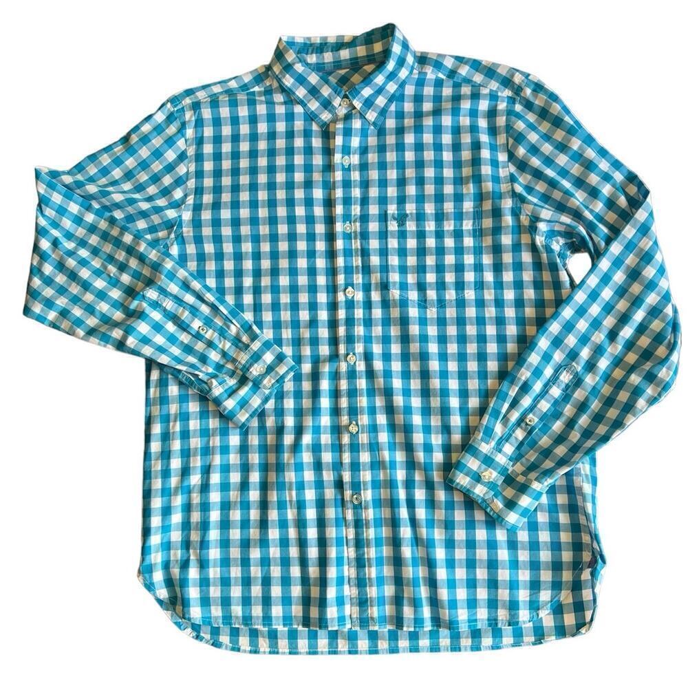 American Eagle Everyday Plaid Button Up Shirt Long Sleeve, Blue/White size Large
